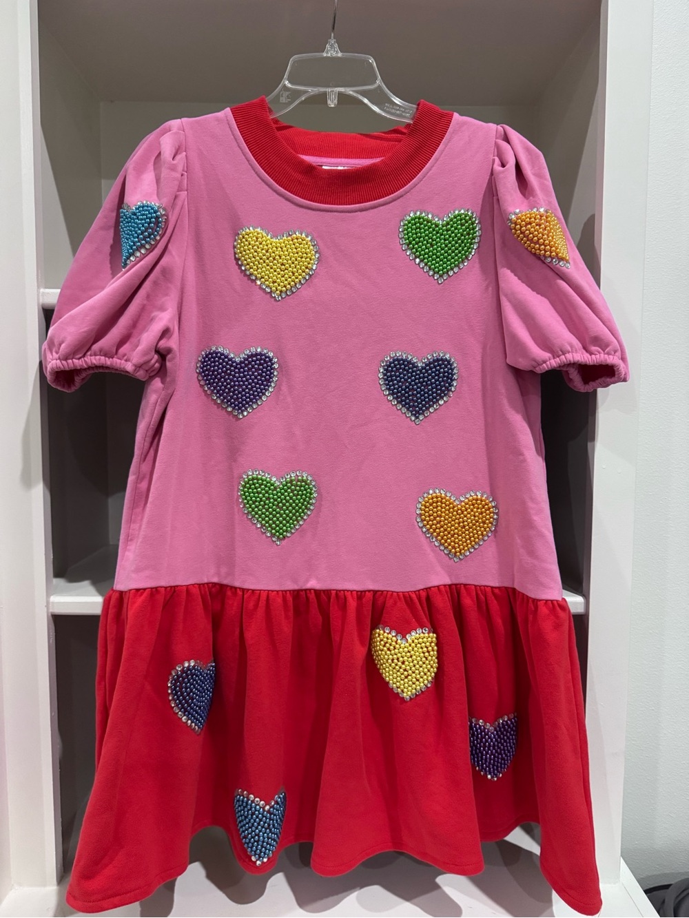 QUEEN OF SPARKLES Pink and Red Heart Bead Appliqué Dress